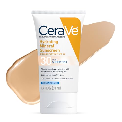 CeraVe Hydrating Mineral Sunscreen SPF 30 with Sheer Tint Tinted Mineral Sunscreen with Zinc Oxide & Titanium Dioxide Blends Seamlessly For Healthy Glow Light 1.7 Oz