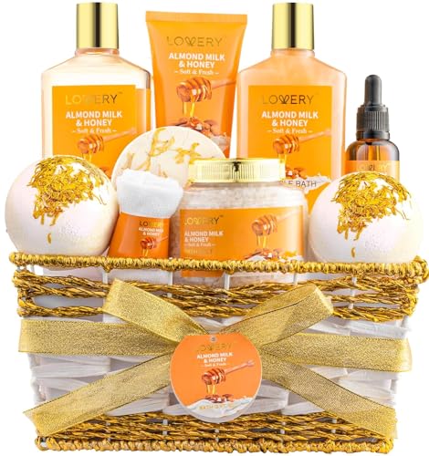 Cesta de Regalos para Mujeres - Set de Belleza y Cuidado Personal de Leche de Almendra y Miel de 10 Piezas - Paquete de Baño en Casa para Relajación - Kit de Spa para Autocuidado - Gracias Cumpleaños Mamá Aniversario